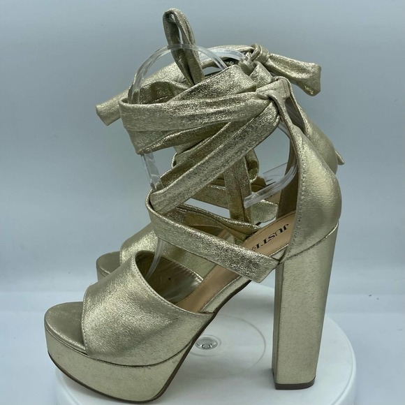 Gold Faux Leather Ankle Tie Sandal Heels Size 7 - Picture 4 of 16